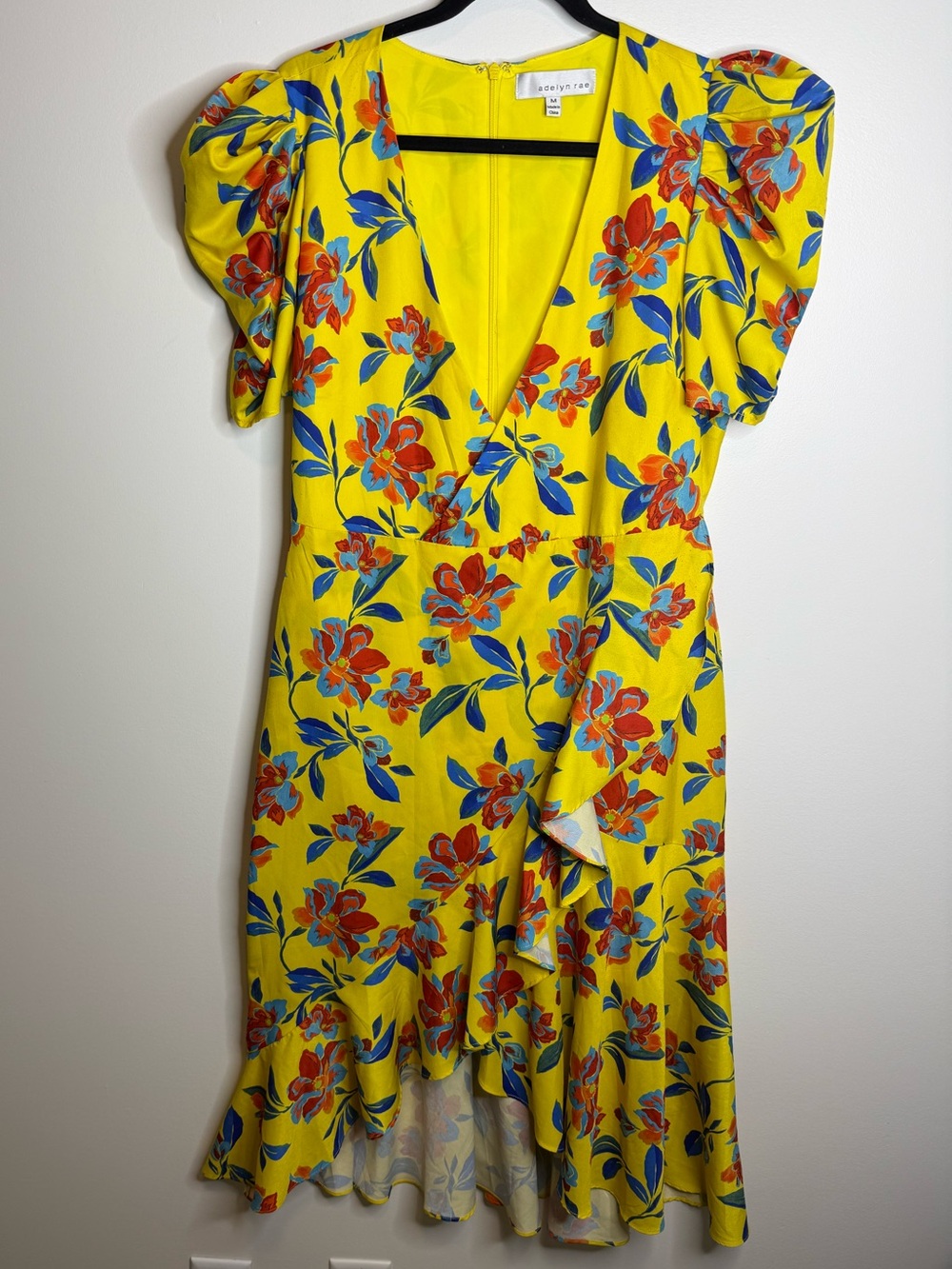 Adelyn Rae Yellow Floral Wrap Dress with Puff Sleeves